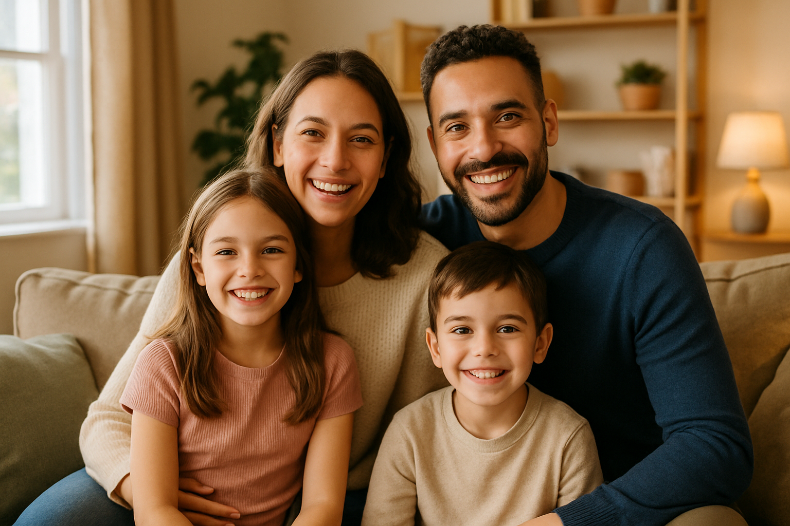 A family at home, smiling parents and two children