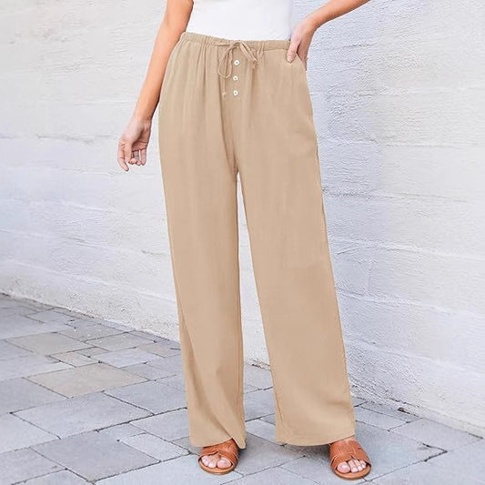 High Waist Button Drawstring Loose Casual Summer Wide-leg Trousers With Pockets