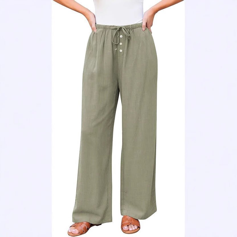 High Waist Button Drawstring Loose Casual Summer Wide - leg Trousers With Pockets - VirtualLightBaseball Cap