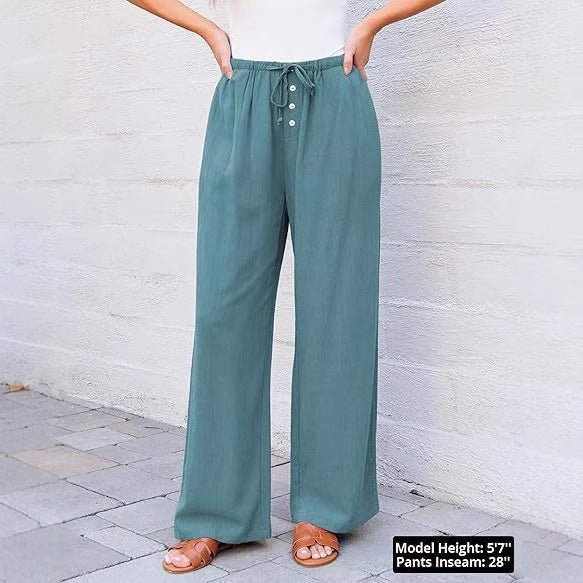 High Waist Button Drawstring Loose Casual Summer Wide - leg Trousers With Pockets - VirtualLightBaseball Cap