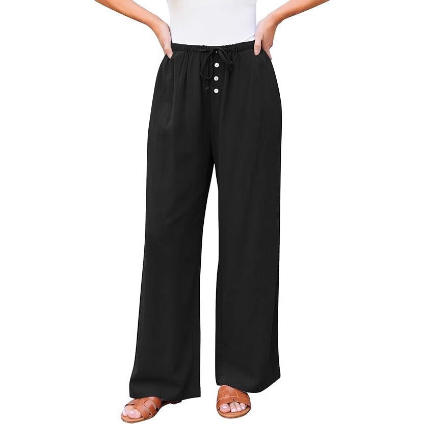High Waist Button Drawstring Loose Casual Summer Wide - leg Trousers With Pockets - VirtualLightBaseball Cap