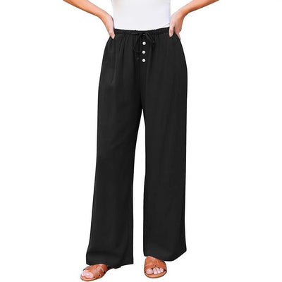 High Waist Button Drawstring Loose Casual Summer Wide - leg Trousers With Pockets - VirtualLightBaseball Cap