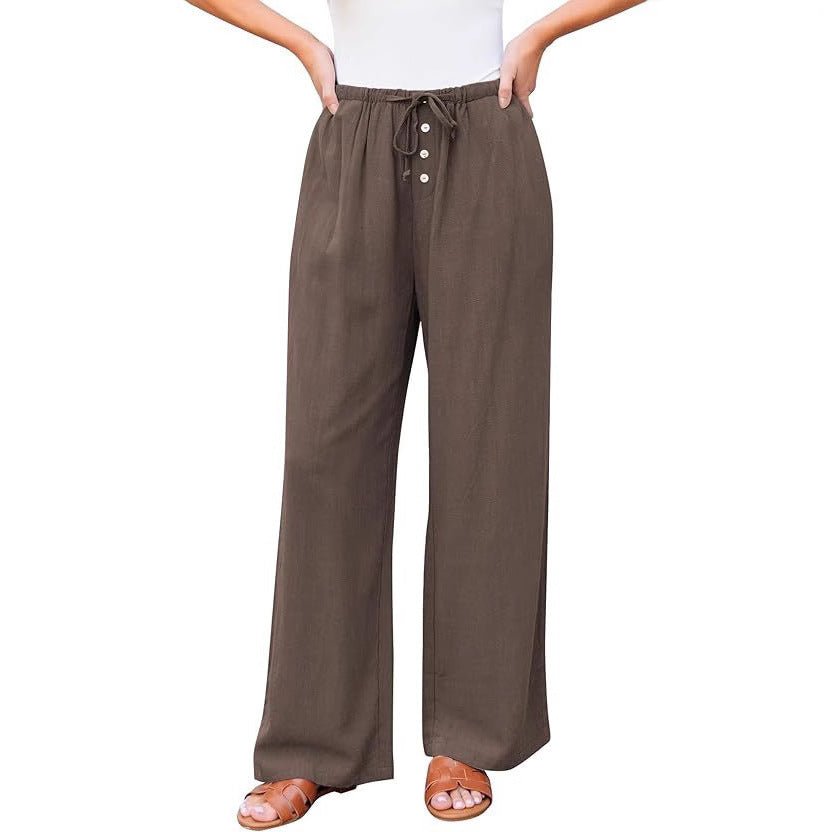 High Waist Button Drawstring Loose Casual Summer Wide - leg Trousers With Pockets - VirtualLightBaseball Cap