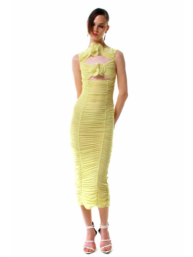 Hollow Sleeveless Dress Midi Dress Flower Decoration - VirtualLight0