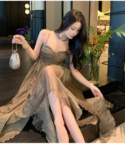 Pleated Irregular Elegant Midi Dress - VirtualLight0