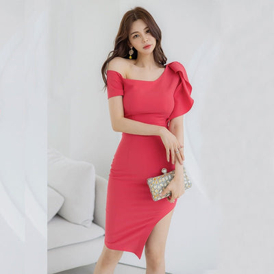 Slanted Collar Irregular Midi Dress - VirtualLight0