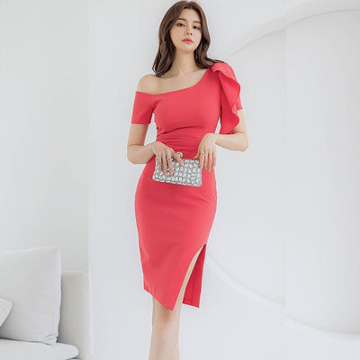 Slanted Collar Irregular Midi Dress - VirtualLight0