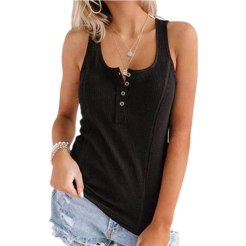 Solid Color Button Sleeveless Tank Top T Shirt Women - VirtualLight0