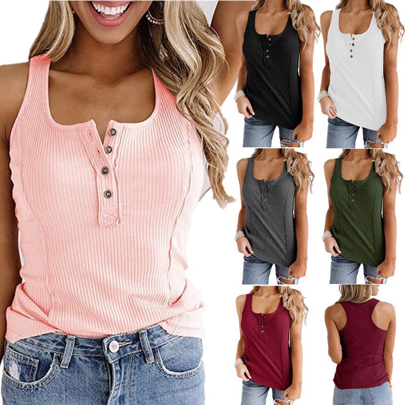 Solid Color Button Sleeveless Tank Top T Shirt Women - VirtualLight0