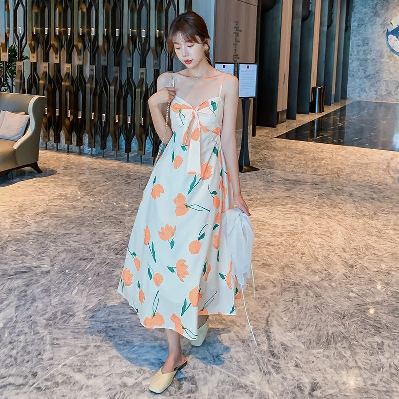 Tie - bow Floral Dress Holiday Midi Dress - VirtualLight0