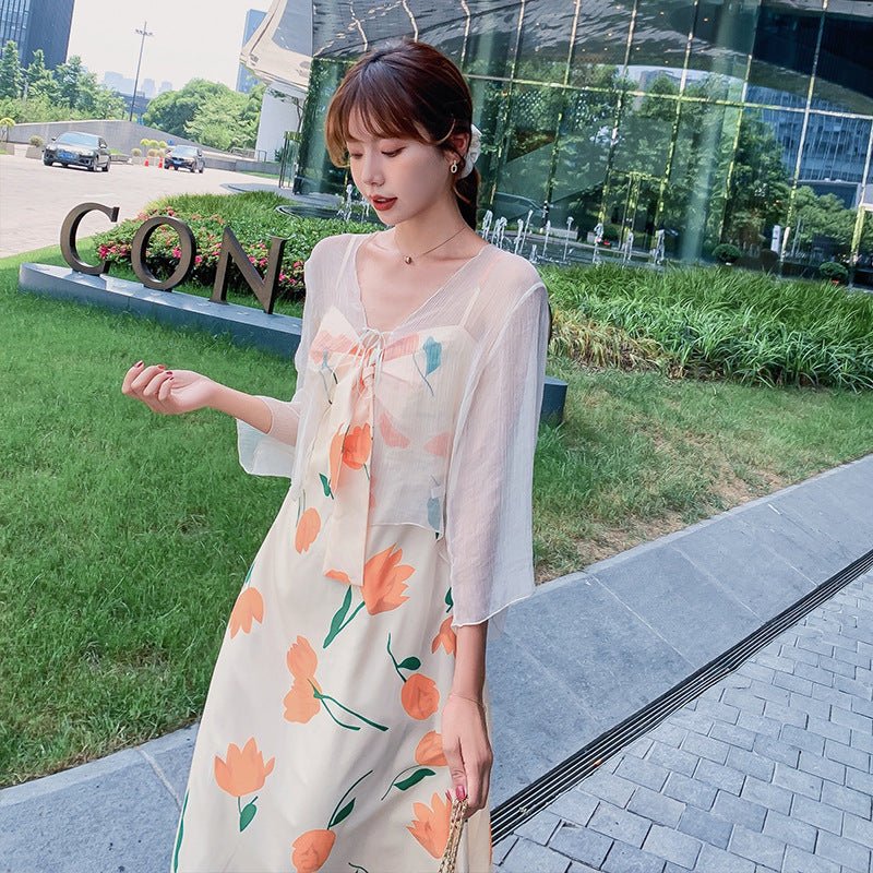 Tie - bow Floral Dress Holiday Midi Dress - VirtualLight0