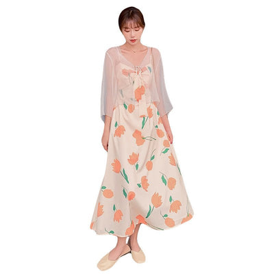 Tie - bow Floral Dress Holiday Midi Dress - VirtualLight0