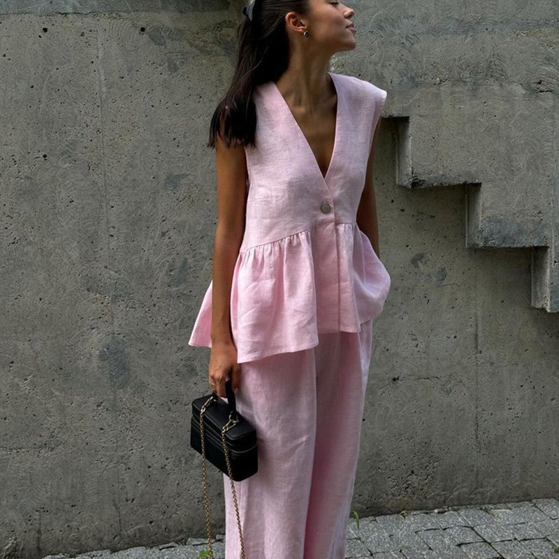 V - neck Sleeveless Top Vest Trousers Suit Women - VirtualLight0