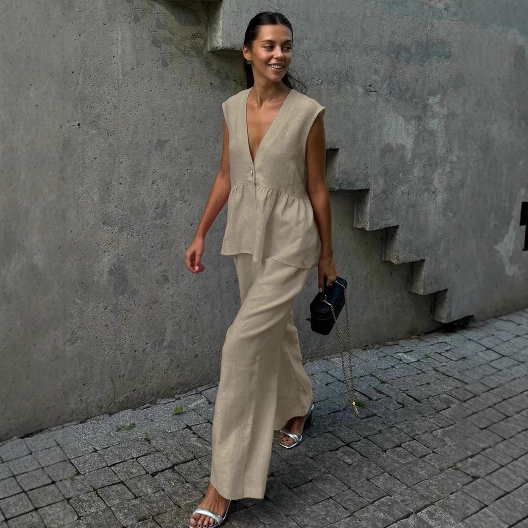 V - neck Sleeveless Top Vest Trousers Suit Women - VirtualLight0