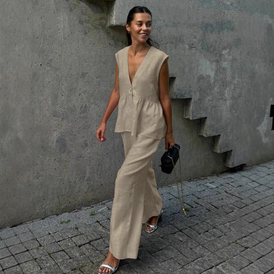 V - neck Sleeveless Top Vest Trousers Suit Women - VirtualLight0