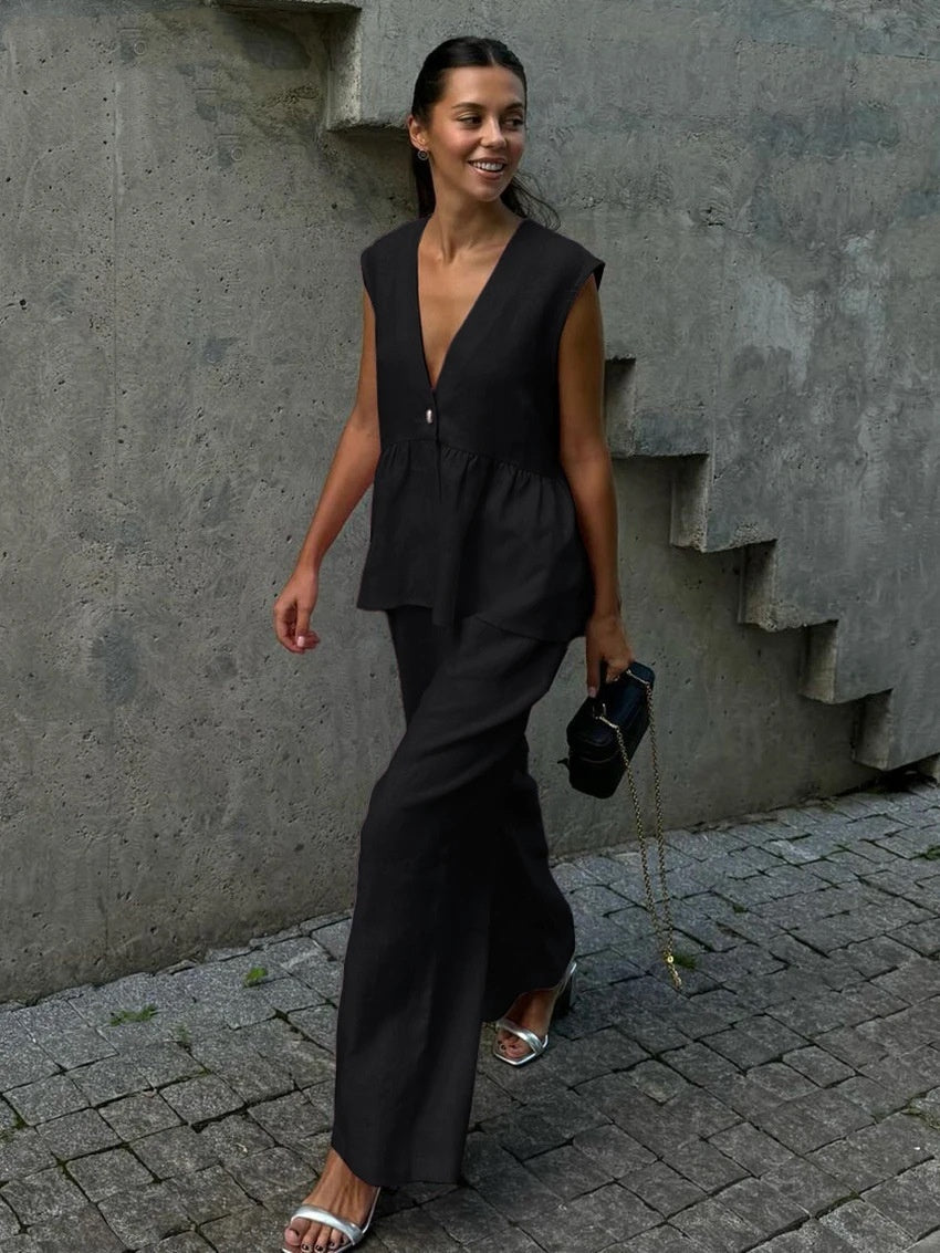 V - neck Sleeveless Top Vest Trousers Suit Women - VirtualLight0