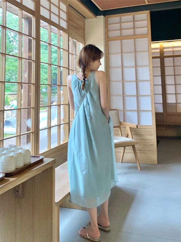 Vintage Halter Loose Sleeveless Midi Dress - VirtualLight0