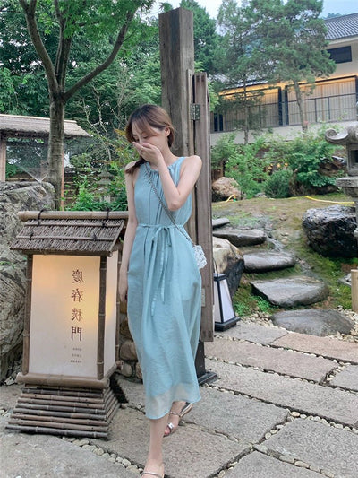 Vintage Halter Loose Sleeveless Midi Dress - VirtualLight0