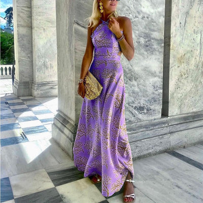 Women's Halterneck Printed Midi Dress - VirtualLight0